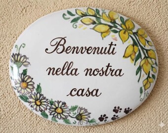 Custom Italian ceramic tile with House Number, floral Personalized Sign for home, Outdoor name plaque, mural decor hand painted in Italy
