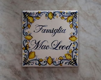 Italian ceramic lemon custom house tile, lemons kitchen deror with lemons, Amalfi style. Personalized gift for home with name and numbers.
