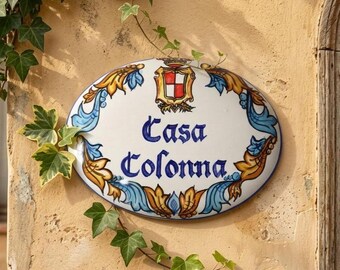 Custom Ceramic House Sign, Personalized Italian Pottery Name Plate, Handmade Blue Address Plaque, Housewarming Gift, Wedding & Birthday Gift