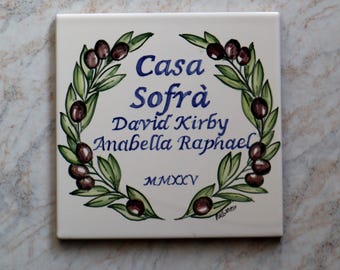 Ceramic tiles with name for home exteriors hand-painted with olives, house number plates and customizable address.