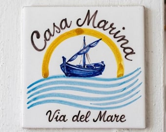Italian ceramic square tile, name plate for seaside villa. Gift for beach house, hand painted tile with stylized design, modern house.