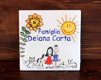 custom family portrait, italian ceramic modern tile to hang on wall with personalized decor, customizable gift idea hand made hand painted