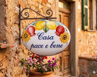 custom sign in italian ceramic, house number with fruits and flowers, Hand-painted plaque with names and address, home tile made in Italy.