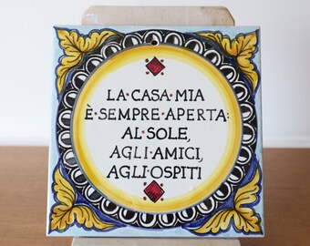 Square tile to hang on wall, decorative tiles in italian style, welcome plaque in Italy ceramics decor, kitchen gift. Custom name sign