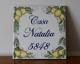 personalized tile italian ceramic lemon lemons Amalfi Coast style. House number name plates.
