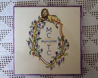 business logo reproduced on hand-painted Italian ceramic tile, personalized gift for shop, restaurant, hotel.