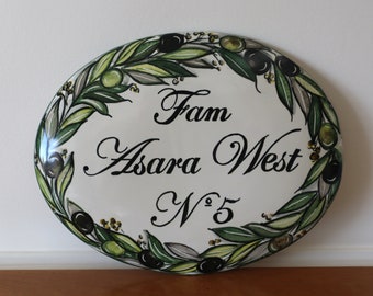 Italian ceramic tile with family names, hand painted outdoor house number plaque with olive branches, custom gift hand made in italy