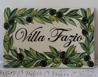 italian pottery tile with lemons and olive branch. Outdoor house number sign, address plaque, italian ceramic tiles with personalized decor