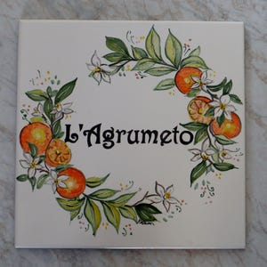 Italiaanse keramische beschilderde tegel met sinaasappelen, handgeschilderde appartementplaquette, gepersonaliseerd, kunstvakmanschap Italië