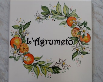 Custom outdoor number sign with orange flowers, ceramic house name tile. Family welcome plaque adress tiles. personalized italian ceramic