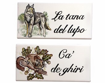 ceramic tile with animal design, wolf dormouse dog cat, decorated tiles, hotel name, bed and breakfast sign, holiday home