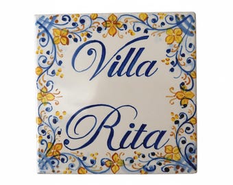 Italian ceramic house number tile, custom sign with numbers and family names, blue tiles, personalized gifts. Pottery Made in Italy
