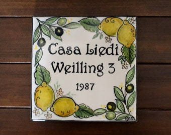 Ceramic plaque for outside house with lemons and olives, Plaque with names, Personalized house number, Mediterranean house, Italian ceramics
