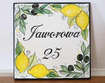 Ceramic plaque for outside house with lemons and olives, Plaque with names, Personalized house number, Mediterranean house, Italian ceramics