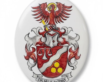 Family crest on tile of Italian artistic ceramics, coat of arms personalized hand painted, wall decor gifts Italy, custom family gift of art