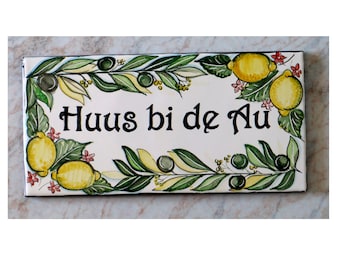 Gifts from Italy: custom italian lemons and olives  branch tiles with address name. Tiles to hang on wall painted by hand unique gift.