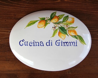 personalized gift, italian ceramic lemons tile, door tiles with home address, family names and civic number. Custom gift Amalfi coast style