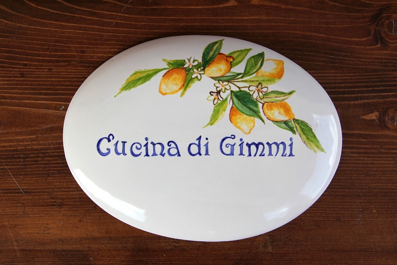 Tile with personalized names and lemons blue in Italian ceramic Amalfi coast style Small plaque to hang on the wall gift for home.