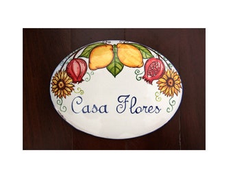 italian pottery tile, personalized name signs sunflowers pomegranates lemons. Farmhouse plaques, villa tiles. Garden plaque ceramics Italy