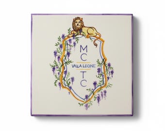 business logo reproduced on hand-painted Italian ceramic tile, personalized gift for shop, restaurant, hotel.
