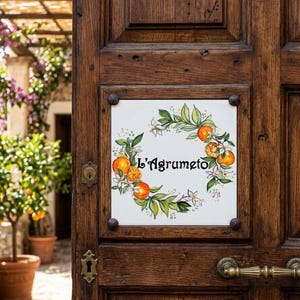 Custom outdoor number sign with orange flowers, ceramic house name tile. Family welcome plaque adress tiles. personalized italian ceramic