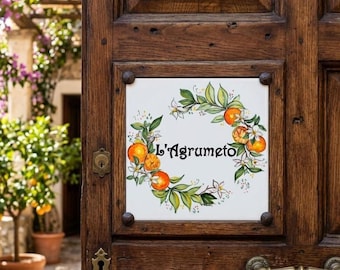Custom outdoor number sign with orange flowers, ceramic house name tile. Family welcome plaque adress tiles. personalized italian ceramic