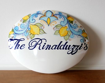 Handmade ceramic tile with lemons, wall decoration, handmade and hand painted in Italy, Amalfi coast. italian ceramic lemon sign with name