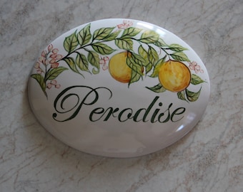 personalized blue Italian ceramic tile with oranges in Mediterranean style to hang on the wall, personalized gift, tiles made in Italy