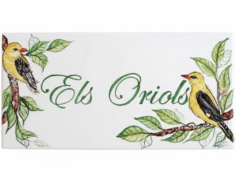 Italian ceramic tile with birds, custom name plate. Kitchen panel gift, hand painted labels country design, mediterranean house name sign.