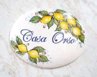 Italian custom ceramic tile handmade painted with lemons of Amalfi Positano Sorrento. Personalized sign for mediterranean villa