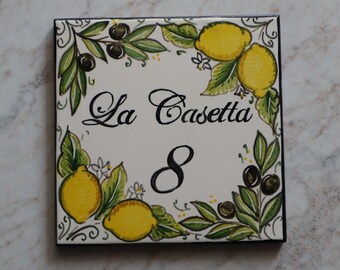 custom gift: Italy square tile with names olives lemons. Italian lovers gifts customizable civic number tiles. Personalized sign for home
