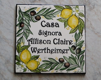 custom gift: Italy square tile with names olives lemons. Italian lovers gifts customizable civic number tiles. Personalized sign for home