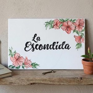 Custom outdoor number sign with tropical flower, ceramic house name tile. Family welcome plaque, adress tiles. personalized italian ceramic