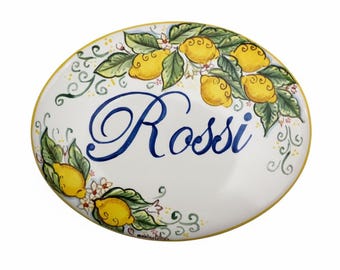 Italian ceramic tile hand painted with lemons and name, home civic number sign. Customizable gift for outdoor decor in mediterranean style