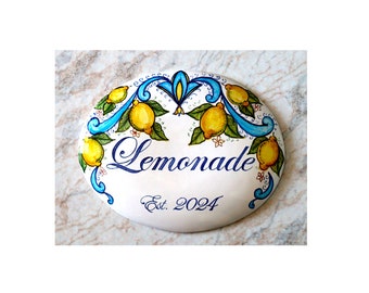 personalized house number tile with lemons hand painted in Amalfi Coast style, Italian artistic craftsmanship, Italian art majolica handmade
