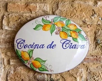 Custom sign for home, Italian ceramic tile painted with lemons and blue curls, inspired by the Amalfi coast. Inauguration & wedding gift.