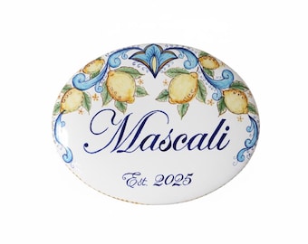 Italian ceramic outdoor name tiles, with lemons; handpainted tiles made in Italy with family name and numbers, custom villa plaque gifts