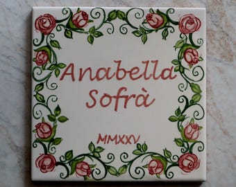 personalized tile italian ceramic with address, House number name plates with roses. custom gift for home to hang on wall