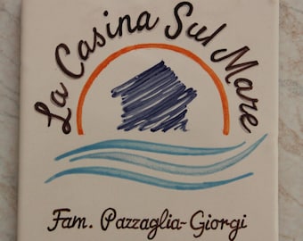 Italian ceramic square tile, name plate for seaside villa. Gift for beach house, hand painted tile with stylized design, modern house.