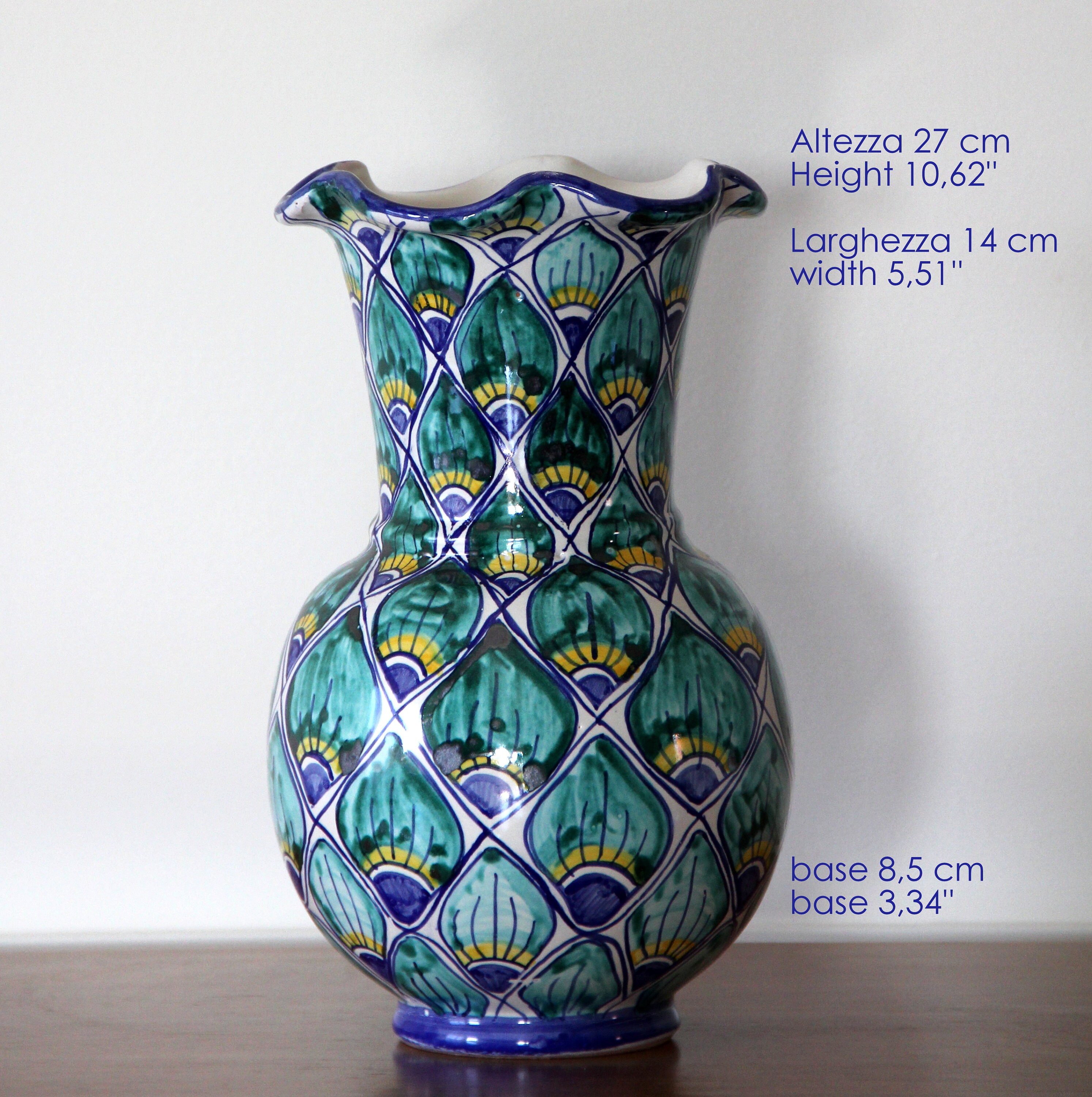 Green Large Flowers Vase Centrepiece Handpainted In Italy Italian