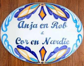 address sign, italian ceramics. Civic number and name signs to hang on wall painted by hand, made in Italy. Pottery plaque white and blue