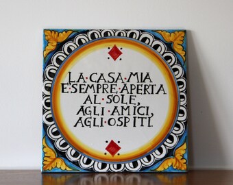 Italian ceramic tile, decorative tiles, Italy majolica art mediterranean style, Pace e Bene, kitchen wall decor, Pottery label welcome home