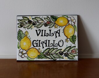 Italy Ceramic tiles with name for home exteriors hand-painted with lemons and olive branch, house number plates and customizable address.