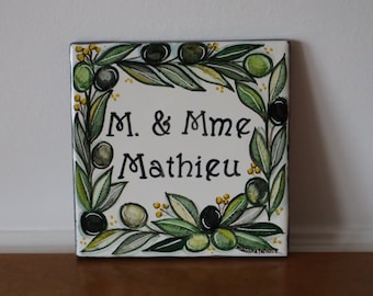 personalized gift italian pottery tile with olive branch hand-made, with name and number. customizable wall decor with italian ceramic tiles