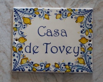 Italian tiles: address plaque with lemons, ceramics tile, custom gifts, wall decor Amalfi coast style, personalized kitchen gift for her