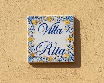Italian ceramic house number tile, custom sign with numbers and family names, blue tiles, personalized gifts. Pottery Made in Italy