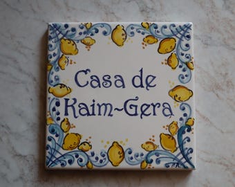 Italian ceramic lemon custom house tile, lemons kitchen deror with lemons, Amalfi style. Personalized gift for home with name and numbers.
