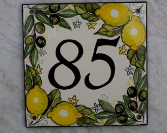 italian ceramic Custom house signs with lemons, personalized kitchen tiles, wall decor lemon branch, address plaque, customizable name sign