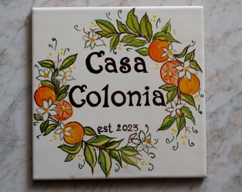 Custom outdoor number sign with orange flowers, ceramic house name tile. Family welcome plaque adress tiles. personalized italian ceramic