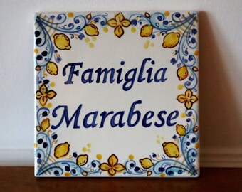 address plaque with lemons, italian ceramics tile customizable gifts, ceramic tiles wall decor Amalfi coast style, personalized kitchen tile